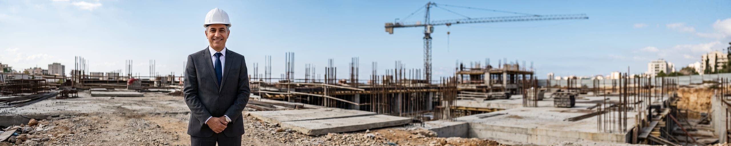 Promoteur immobilier en costume et casque examinant des plans devant un programme immobilier en construction, grue à l'arrière-plan