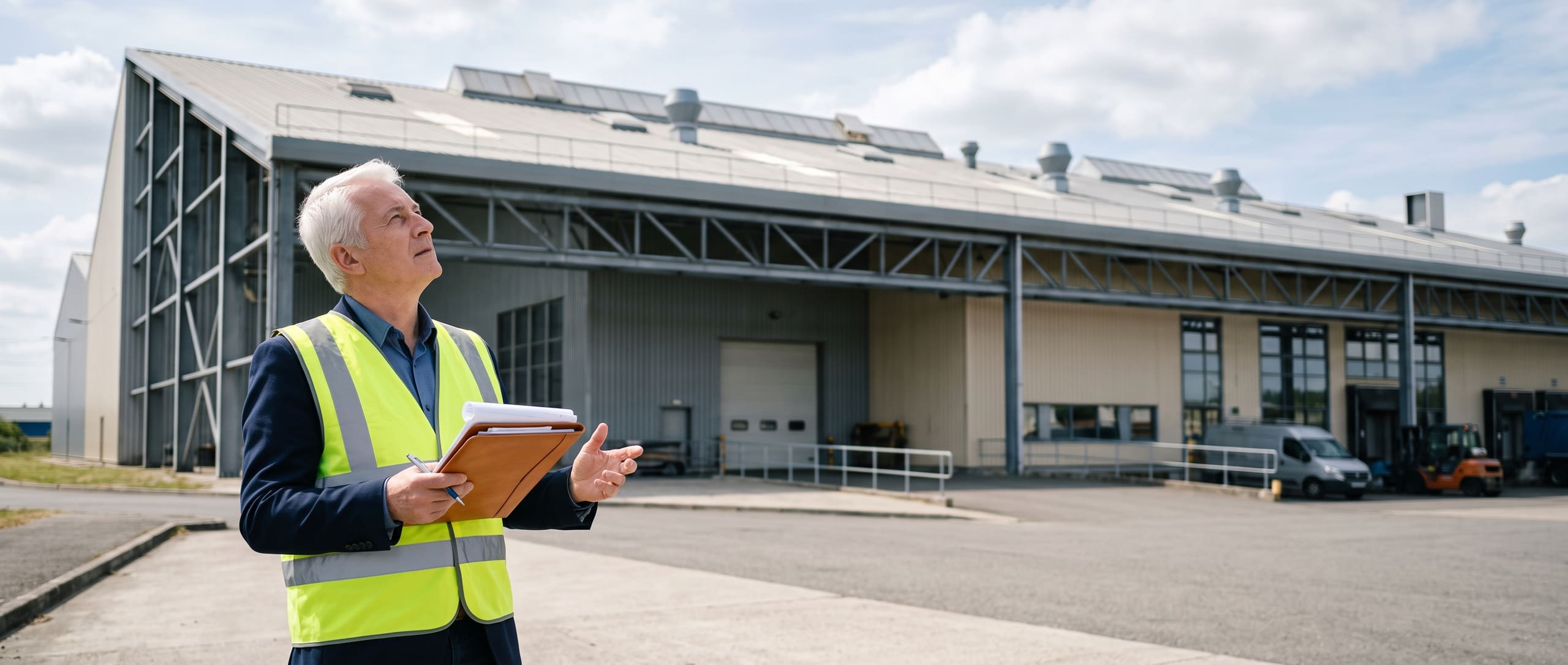 Propriétaire de bâtiment industriel examinant la façade et la toiture d'un entrepôt, dossier de documents à la main