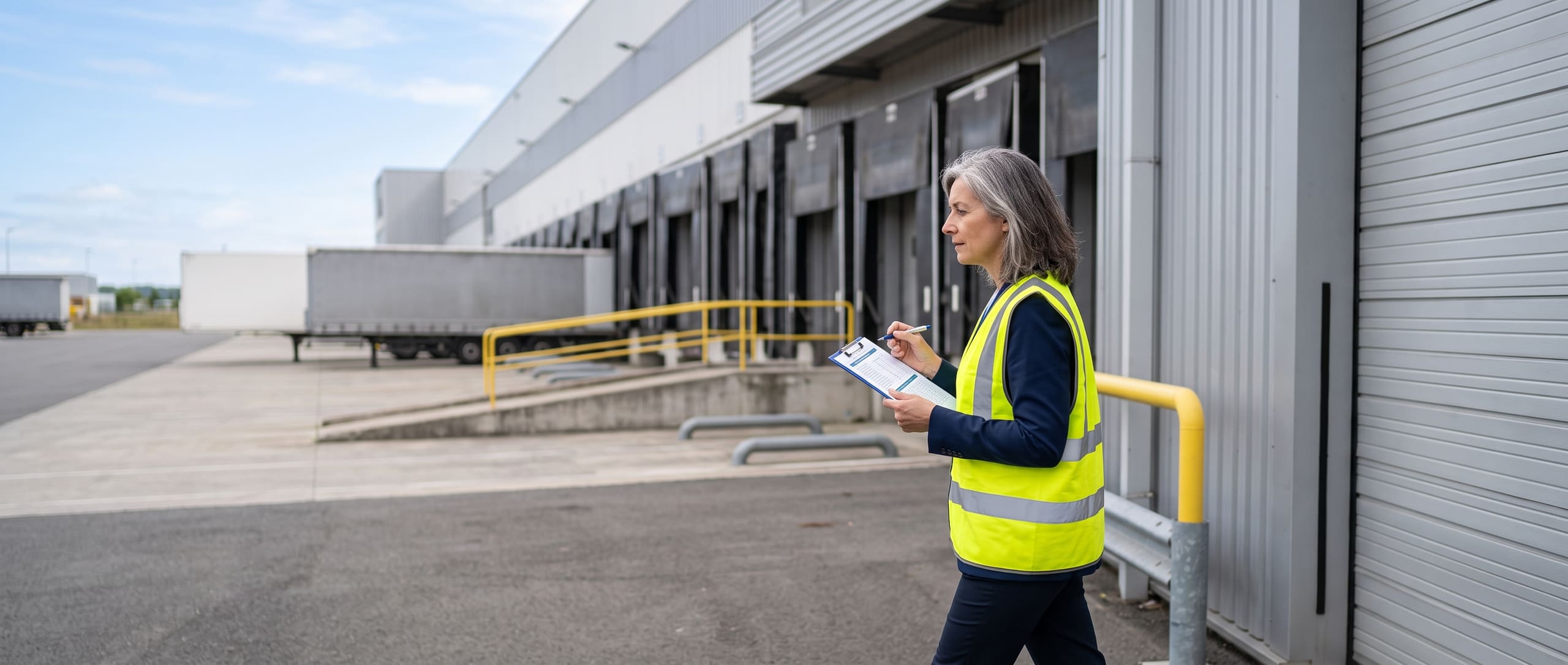 Propriétaire de bâtiment logistique inspectant une rangée de portes de quai de chargement, presse-papier à la main