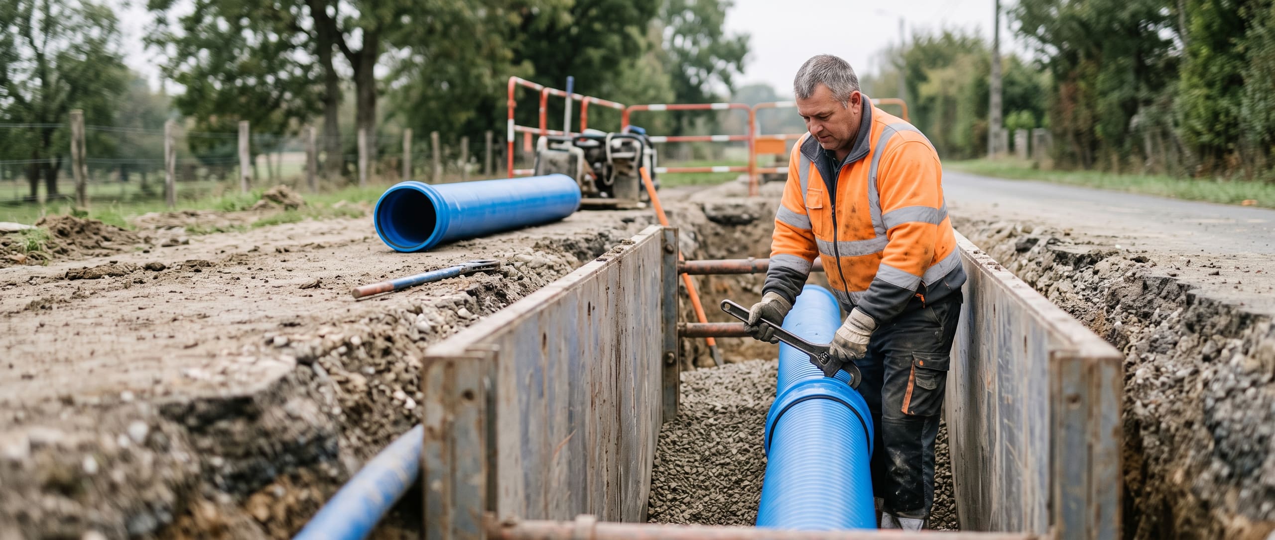 Poseur de canalisations raccordant un tuyau d'eau potable en PVC bleu dans une tranchée blindée