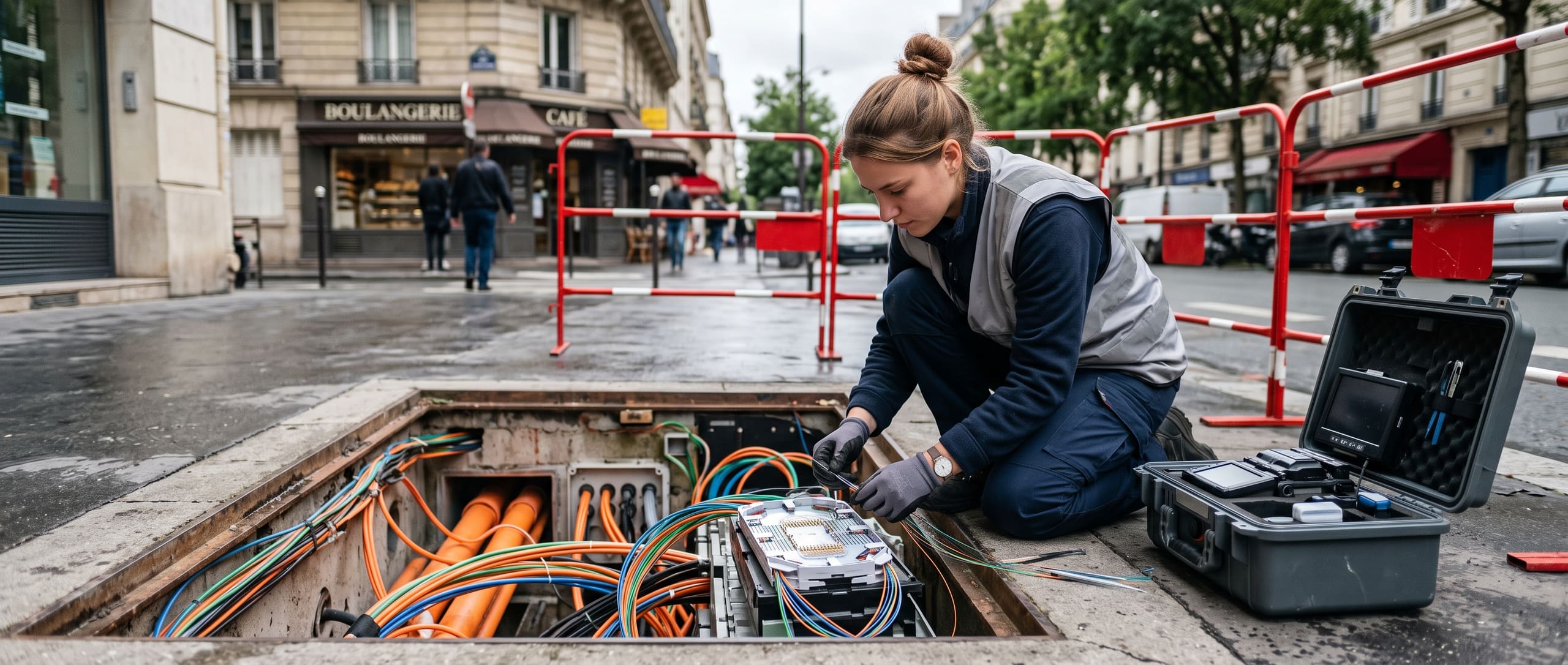 Technicienne raccordant des câbles de fibre optique dans une chambre de tirage ouverte sur un trottoir urbain