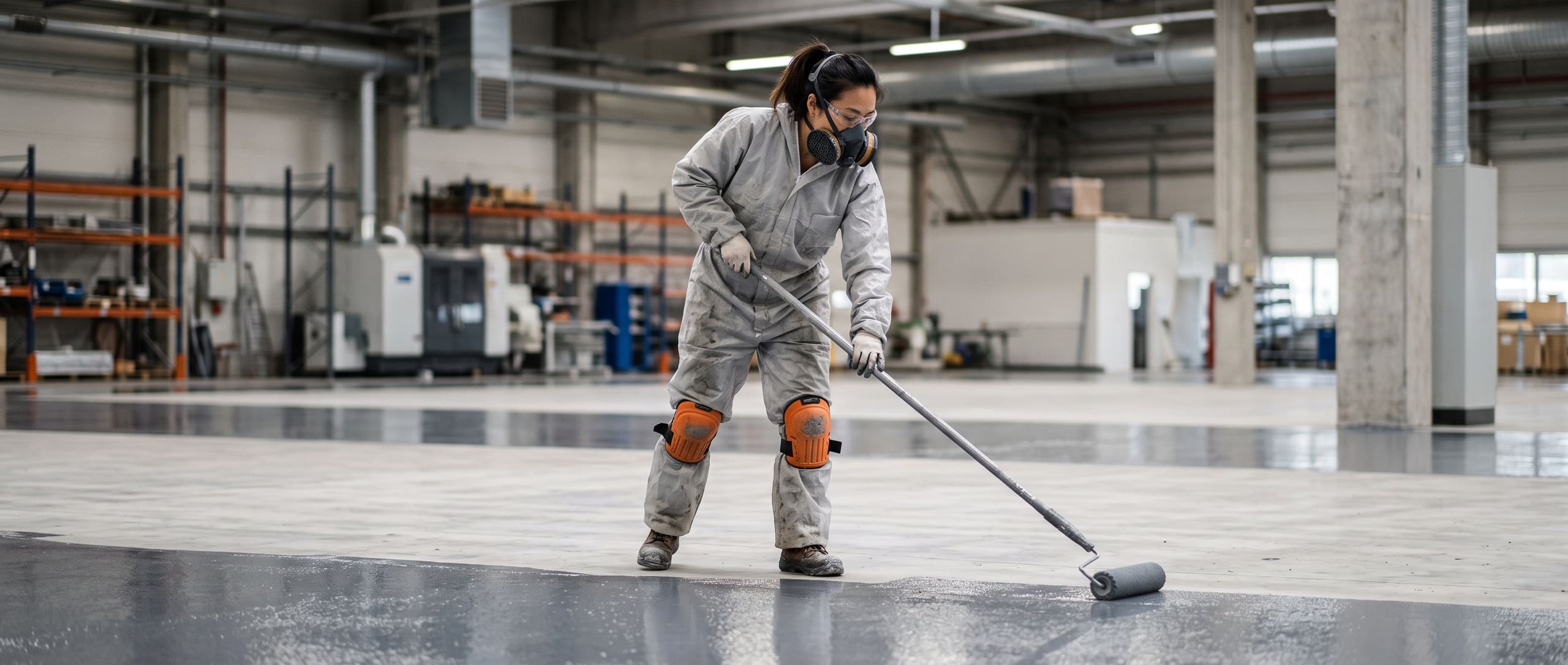 Opératrice appliquant un revêtement de sol en résine époxy au rouleau dans un entrepôt industriel