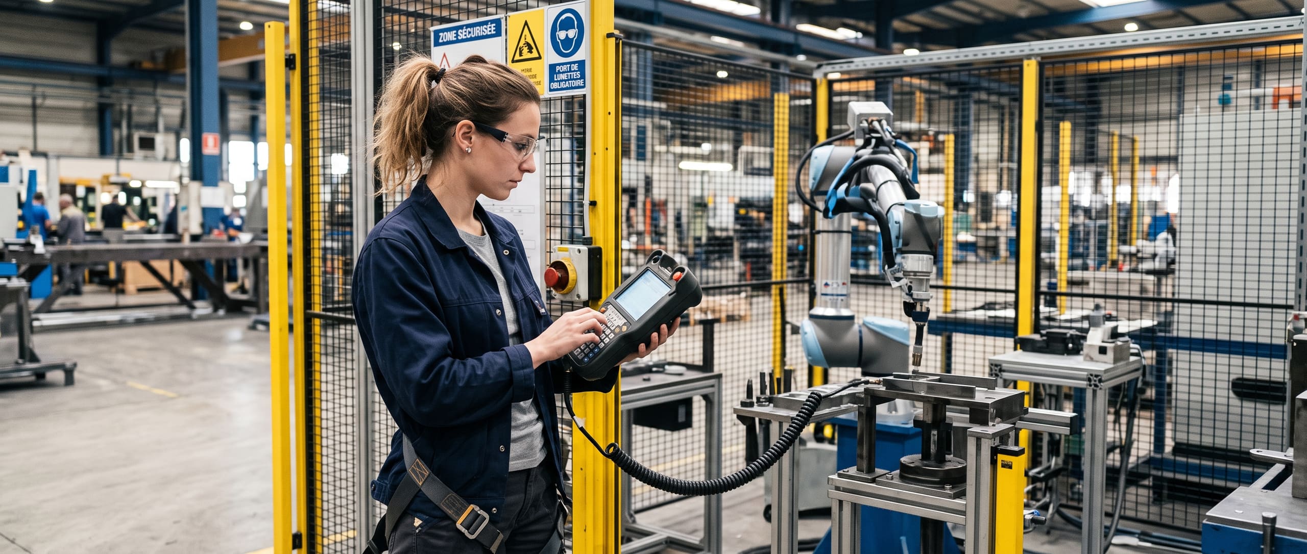 Technicienne programmant un bras robotisé industriel à l'aide d'une console de commande, dans une cellule robotisée sécurisée