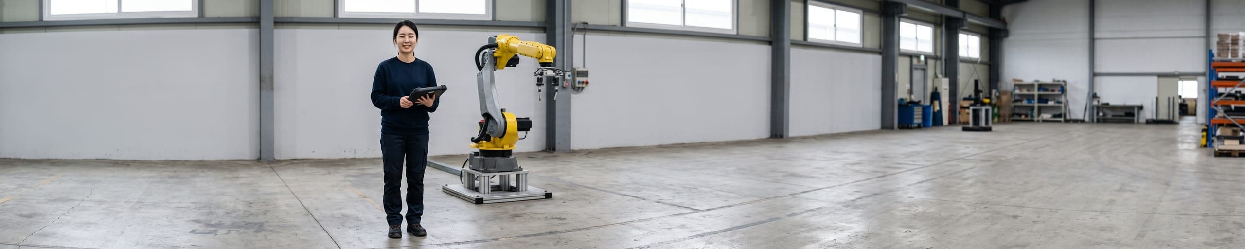 Technicienne programmant un bras robotisé industriel à l'aide d'une console de commande, dans une cellule robotisée sécurisée