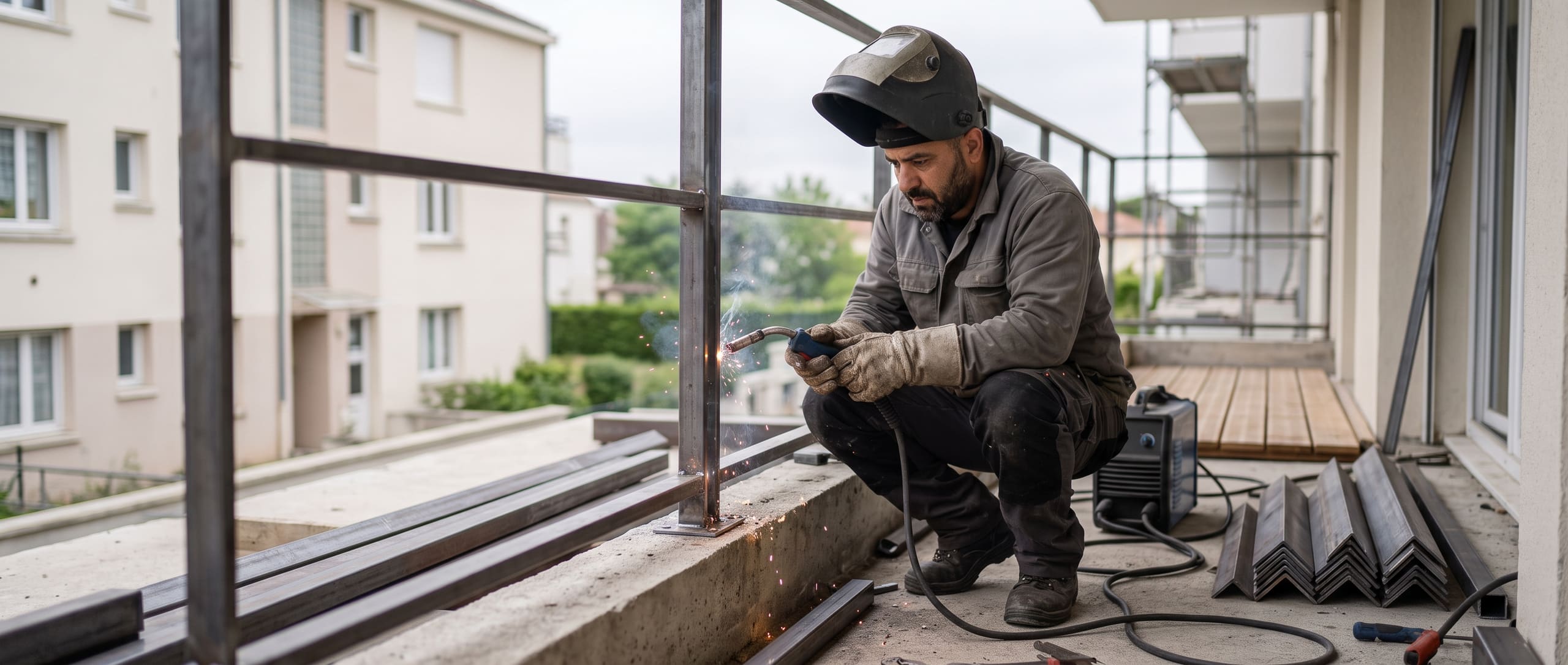 Métallier soudant un garde-corps en acier sur un balcon en cours de construction, casque de soudure relevé