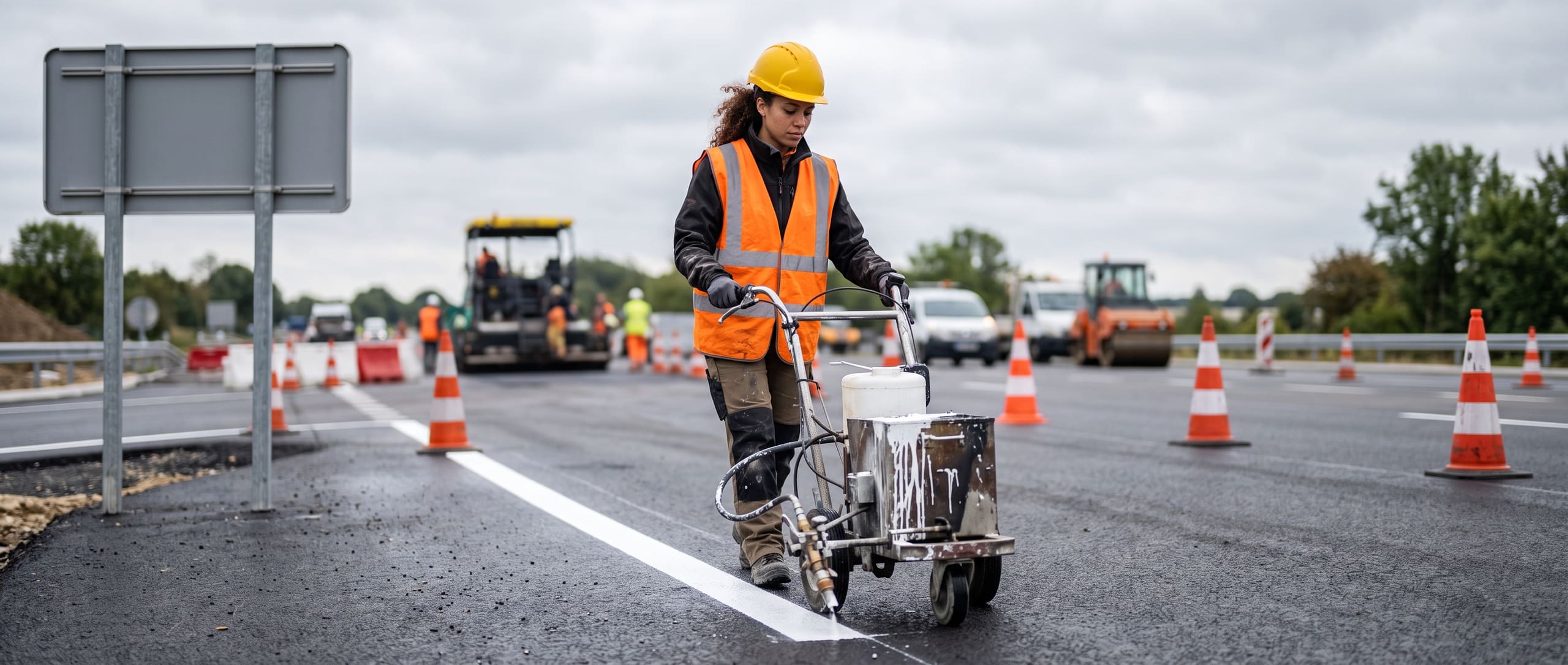 Ouvrière poussant une machine de marquage au sol traçant une ligne blanche fraîche, cônes de signalisation et panneau routier à proximité