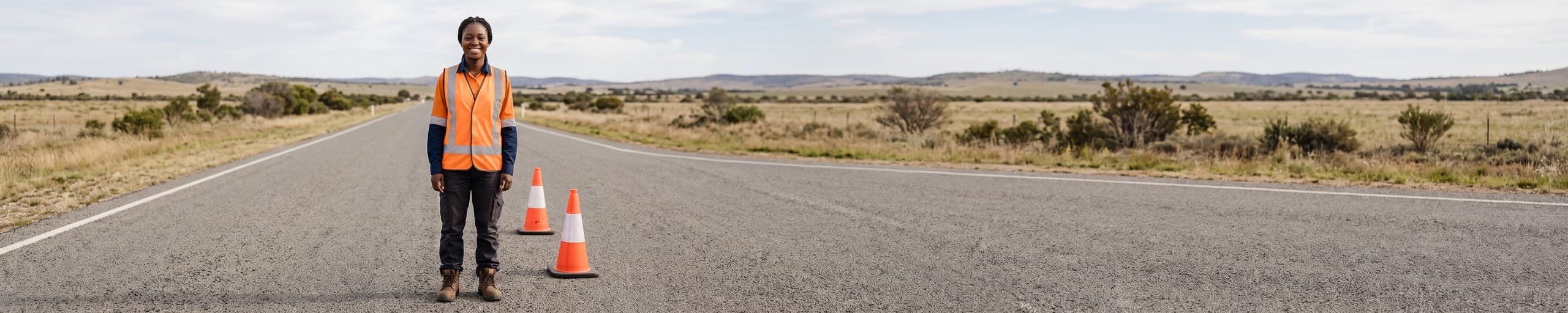Ouvrière poussant une machine de marquage au sol traçant une ligne blanche fraîche, cônes de signalisation et panneau routier à proximité
