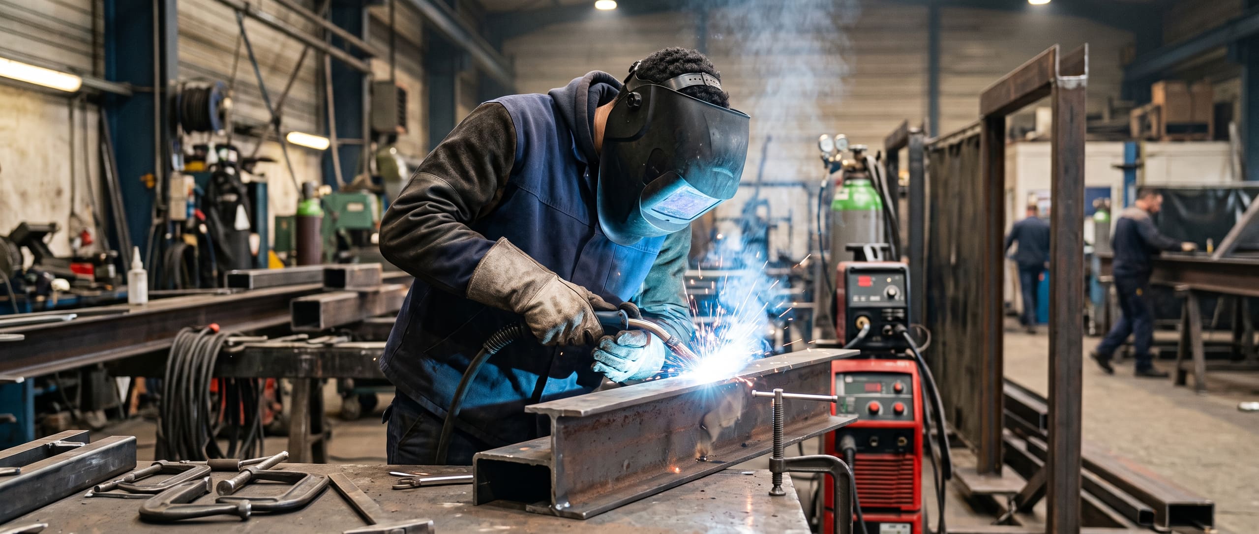 Soudeur réalisant une soudure MIG sur une poutre en acier dans un atelier de fabrication métallique, arc lumineux bleu-blanc