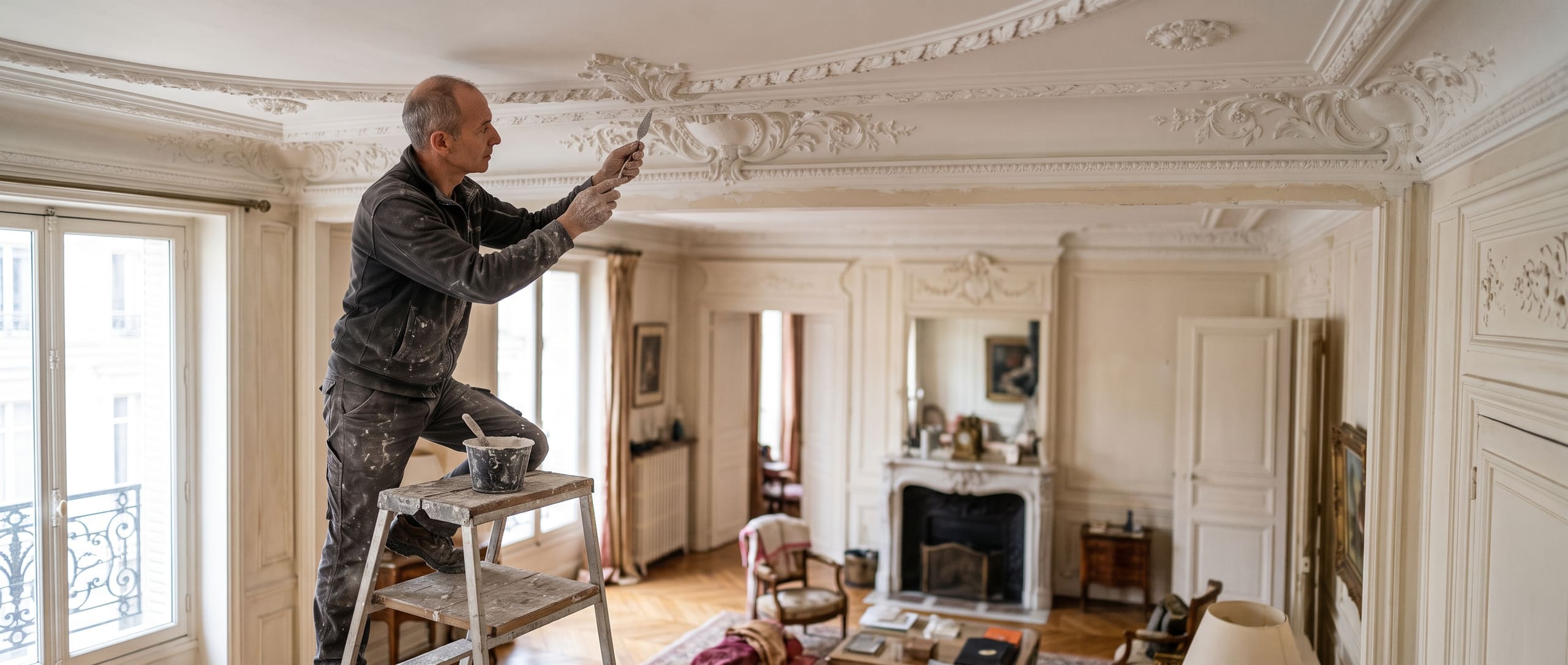 Staffeur-ornemaniste restaurant une corniche en staff ouvragée au plafond d'un appartement parisien ancien