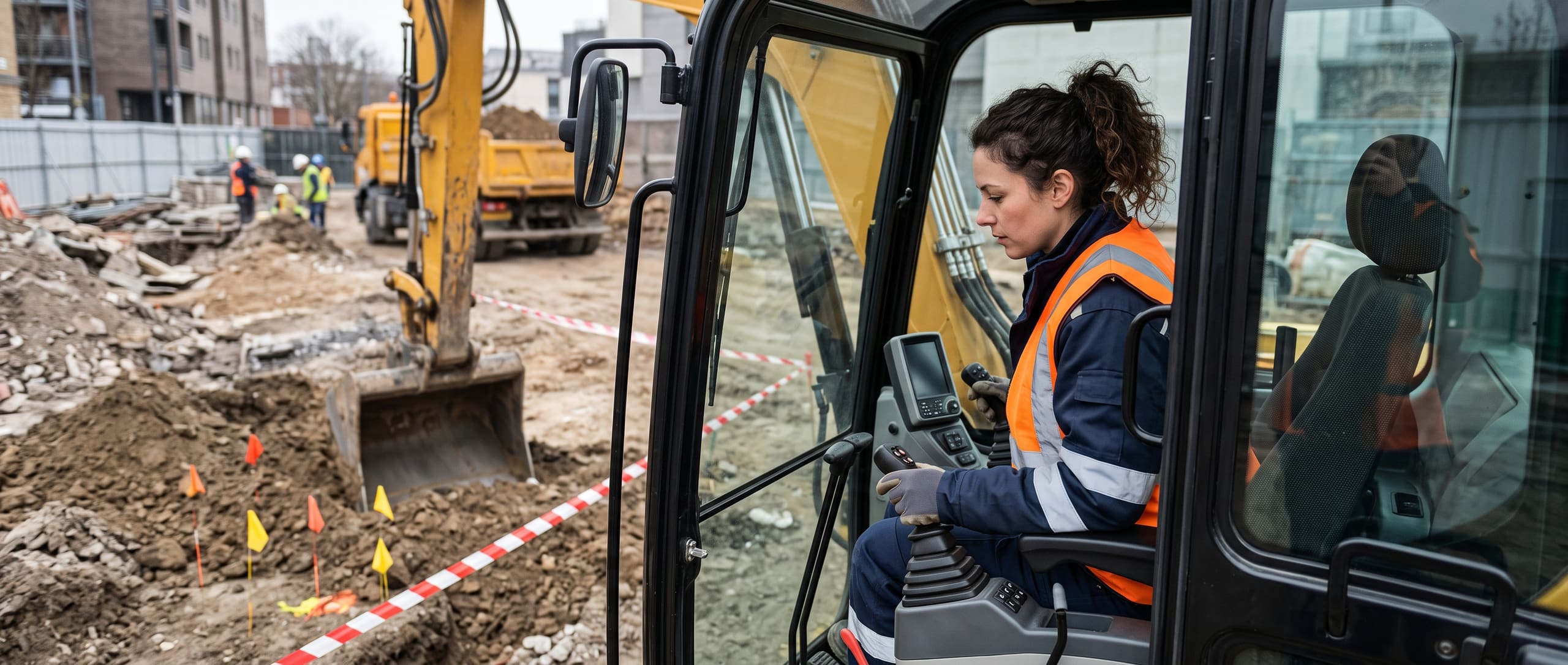 Conductrice d'engin de terrassement aux commandes d'une pelle mécanique, à proximité d'un réseau enterré balisé sur un chantier urbain