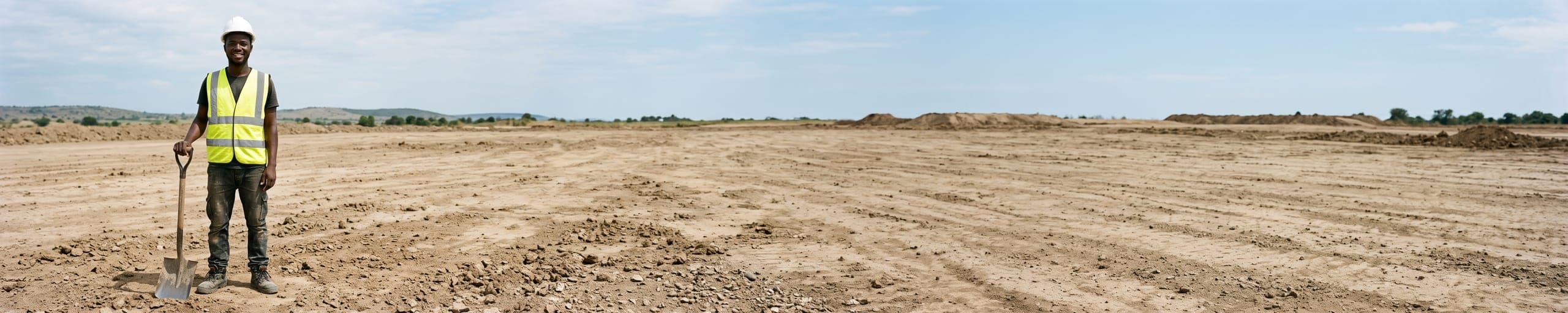 Terrassier vérifiant le niveau du fond de fouille dans une tranchée, mini-pelleteuse à l'arrière-plan