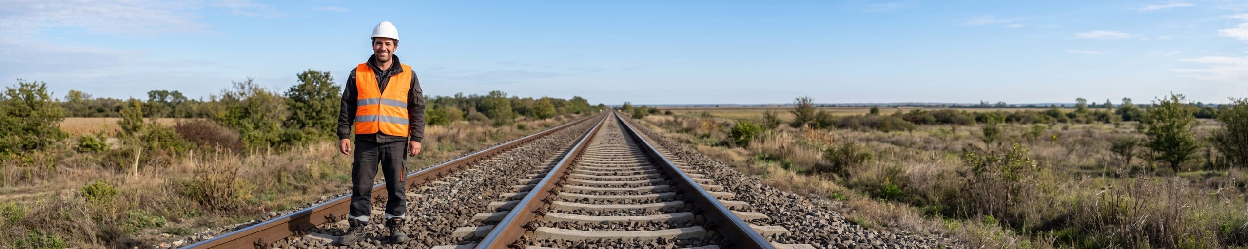 Technicien resserrant une fixation de rail à la clé sur une voie ferrée, train de maintenance à l'arrière-plan
