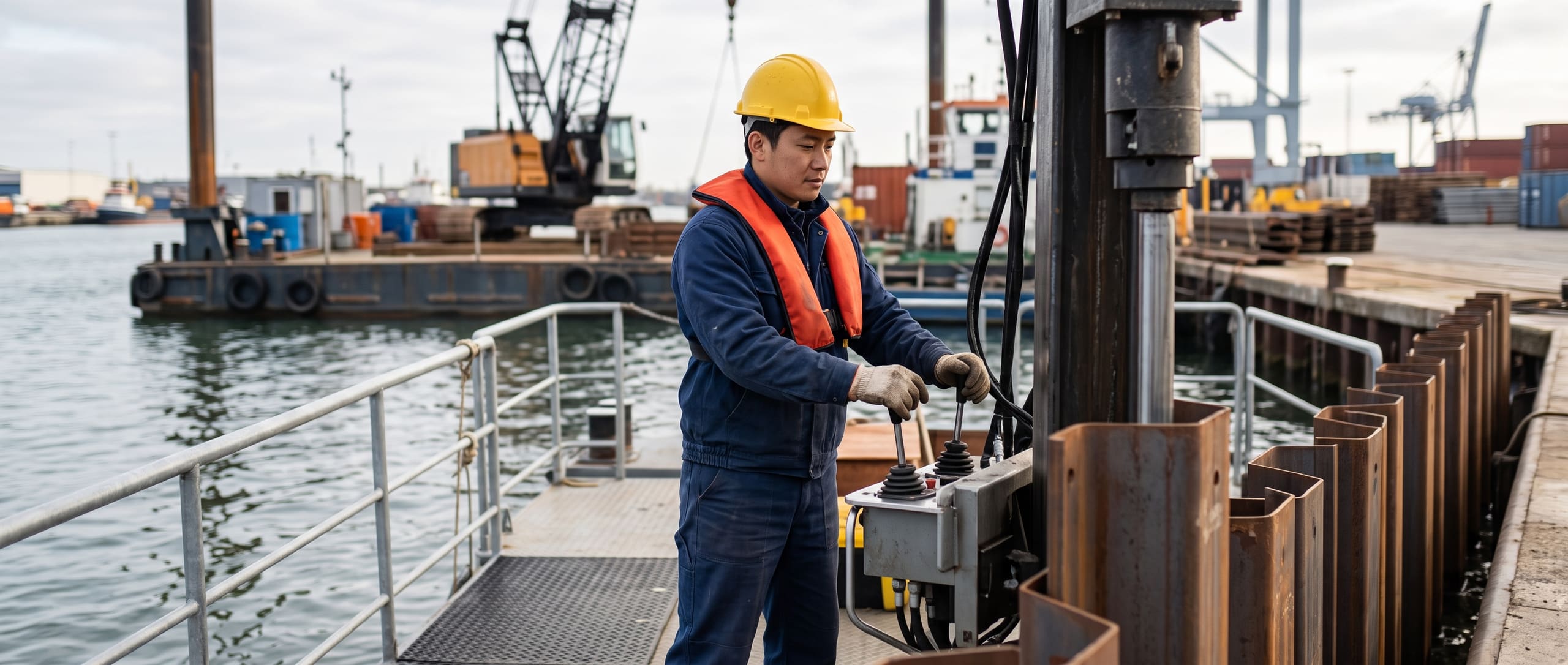 Ouvrier en gilet de sauvetage pilotant une machine de battage de palplanches depuis un ponton, grue flottante et quai portuaire à l'arrière-plan