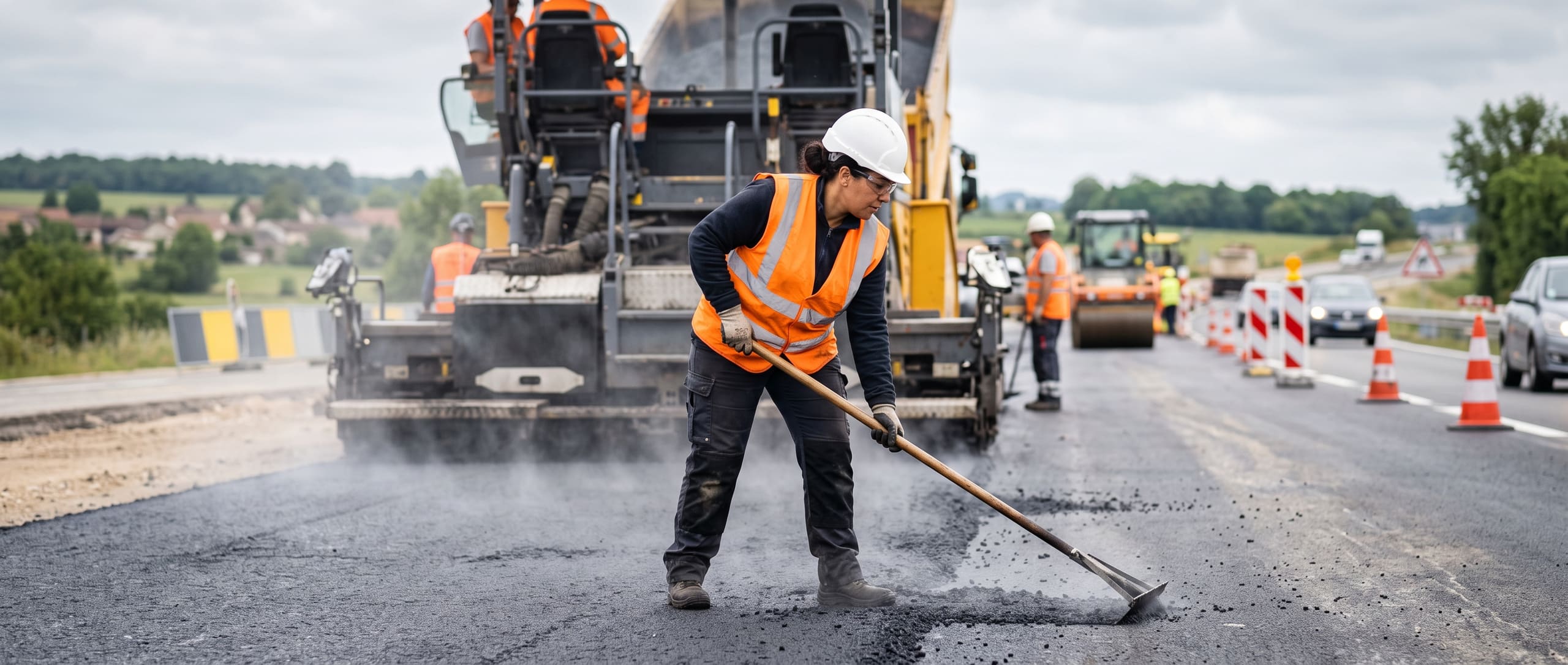 Ouvrière lissant un enrobé bitumineux chaud au râteau derrière un finisseur, chantier routier avec balisage et circulation à proximité