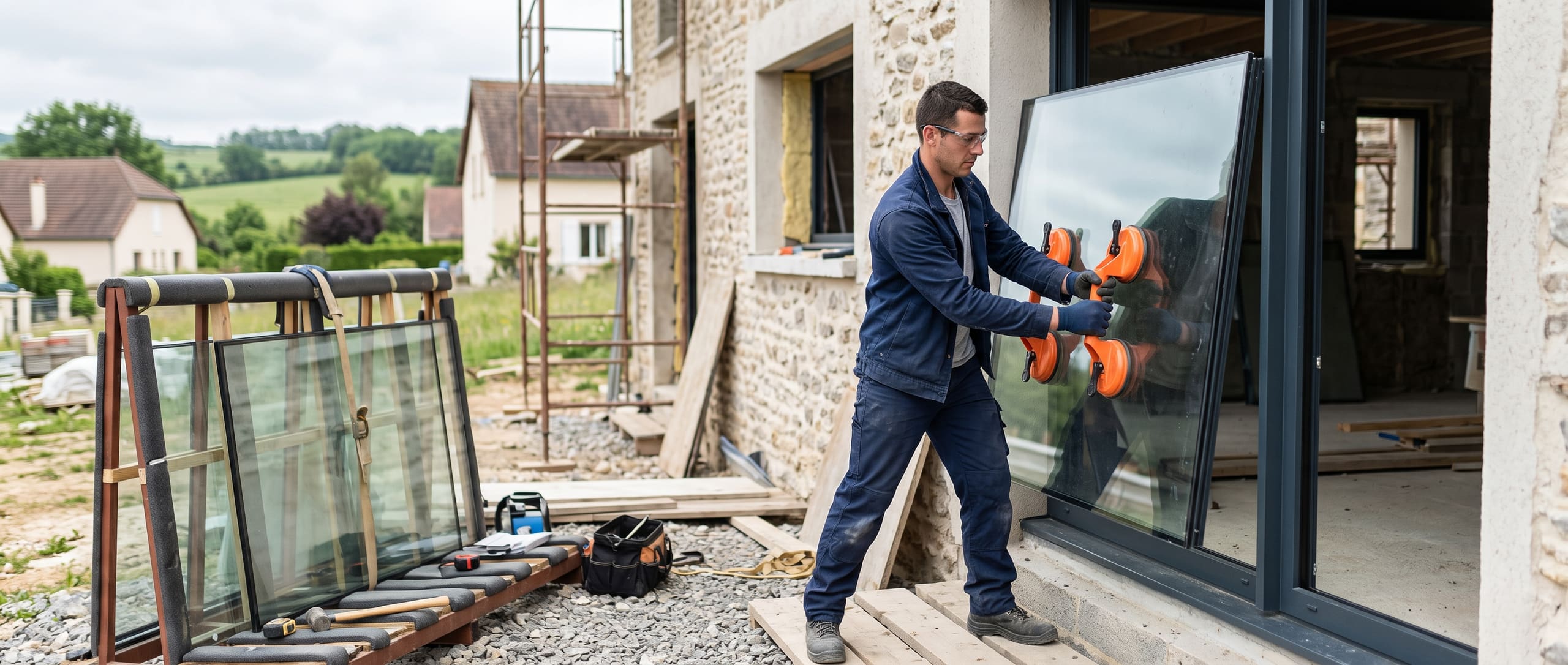 Vitrier positionnant un grand vitrage à l'aide de ventouses de manutention dans un cadre de menuiserie, sur un chantier résidentiel