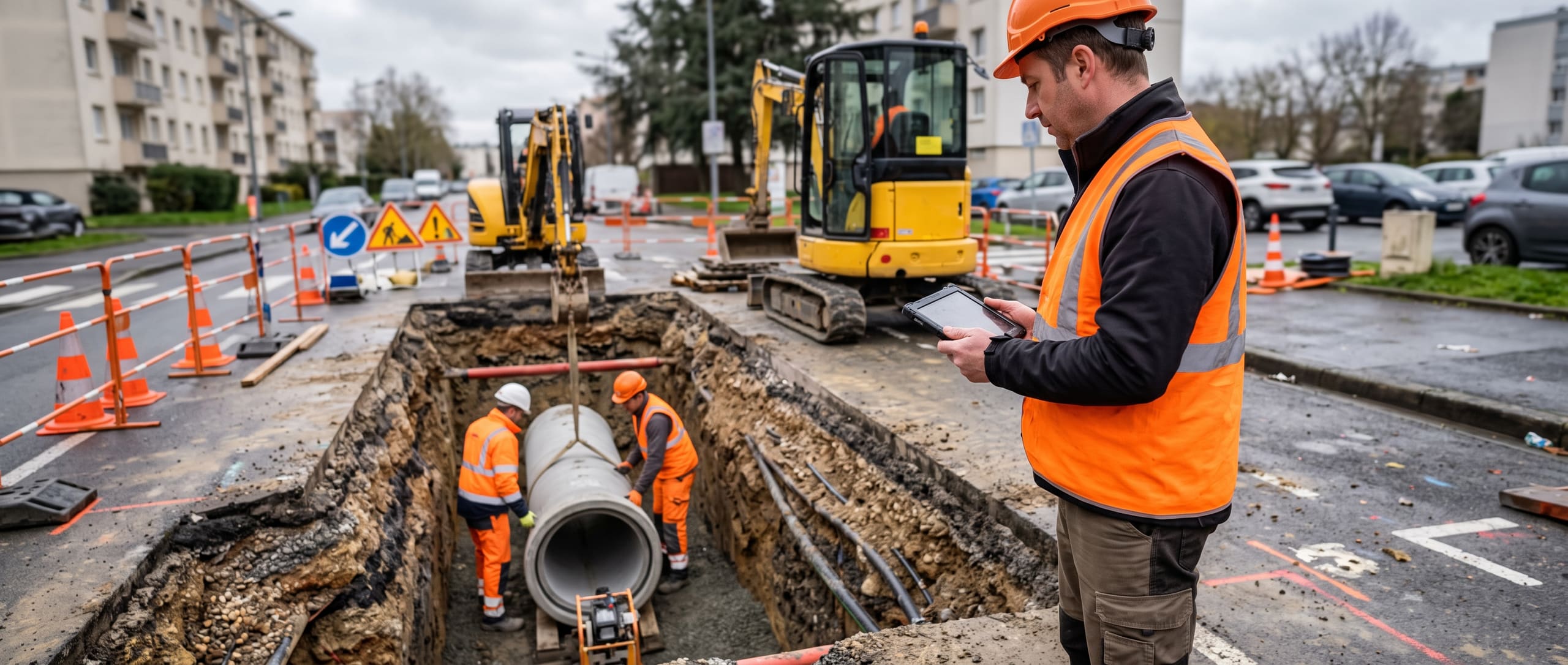Conducteur de travaux VRD supervisant la pose d'une canalisation dans une tranchée ouverte en pleine rue, signalisation de chantier en place