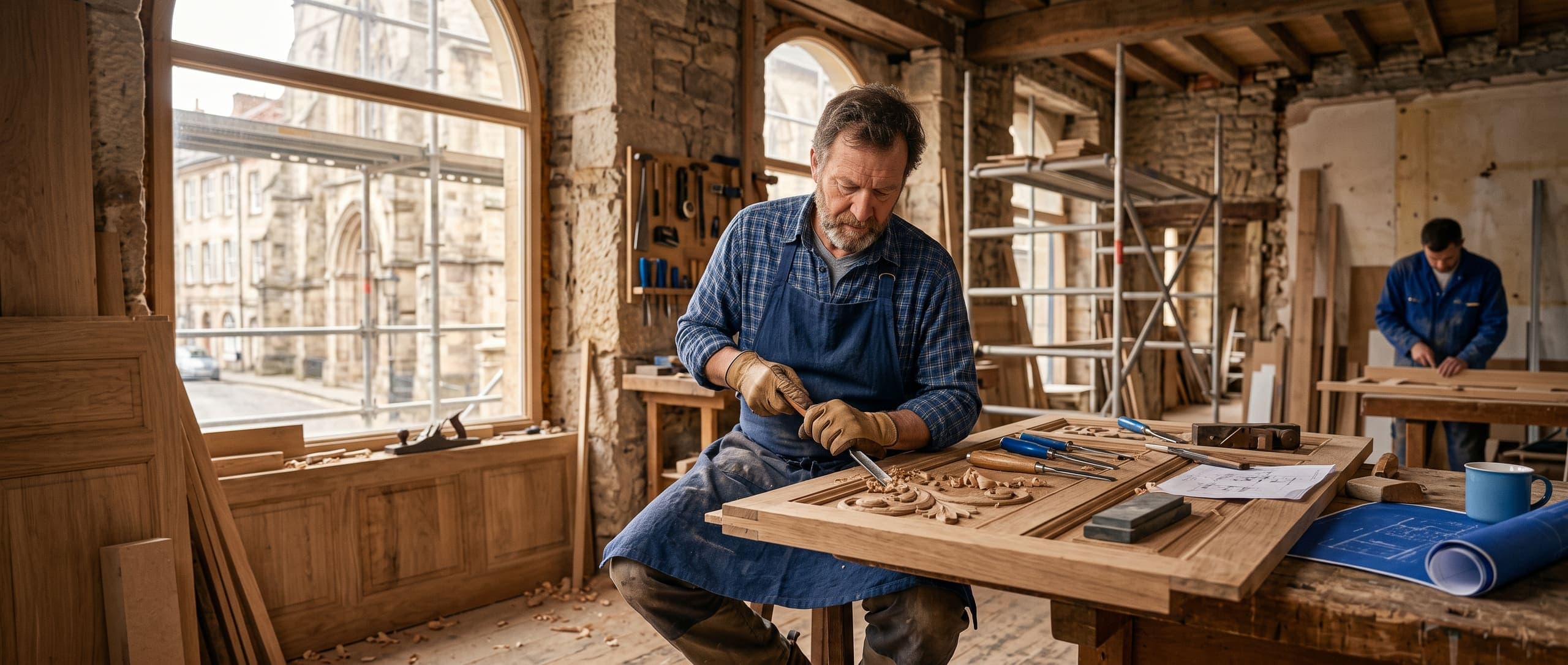 Artisan du bâtiment au travail sur un chantier de rénovation