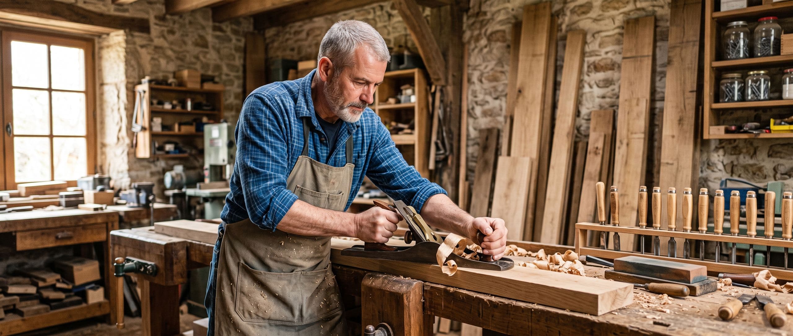 Menuisier rabotant une planche de chêne à l'établi, les deux mains sur le rabot, copeau enroulé sortant de la lumière, atelier en pierre et rangée de ciseaux à bois