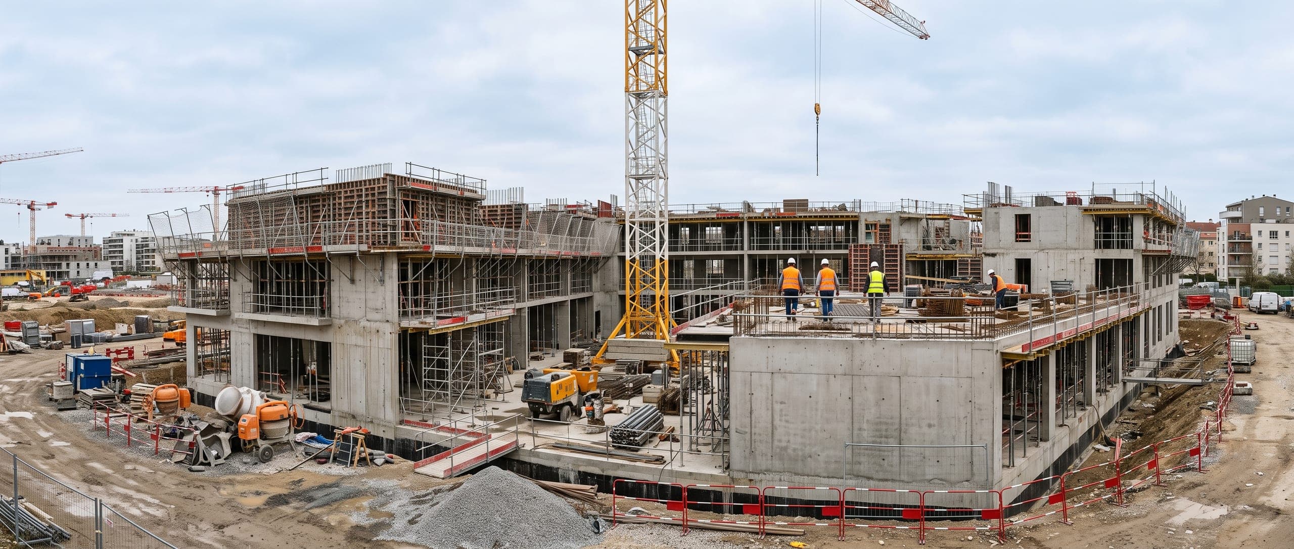 Vue large d'un chantier urbain en fin de gros œuvre, grue et échafaudages, véhicules d'entreprise stationnés le long de la clôture