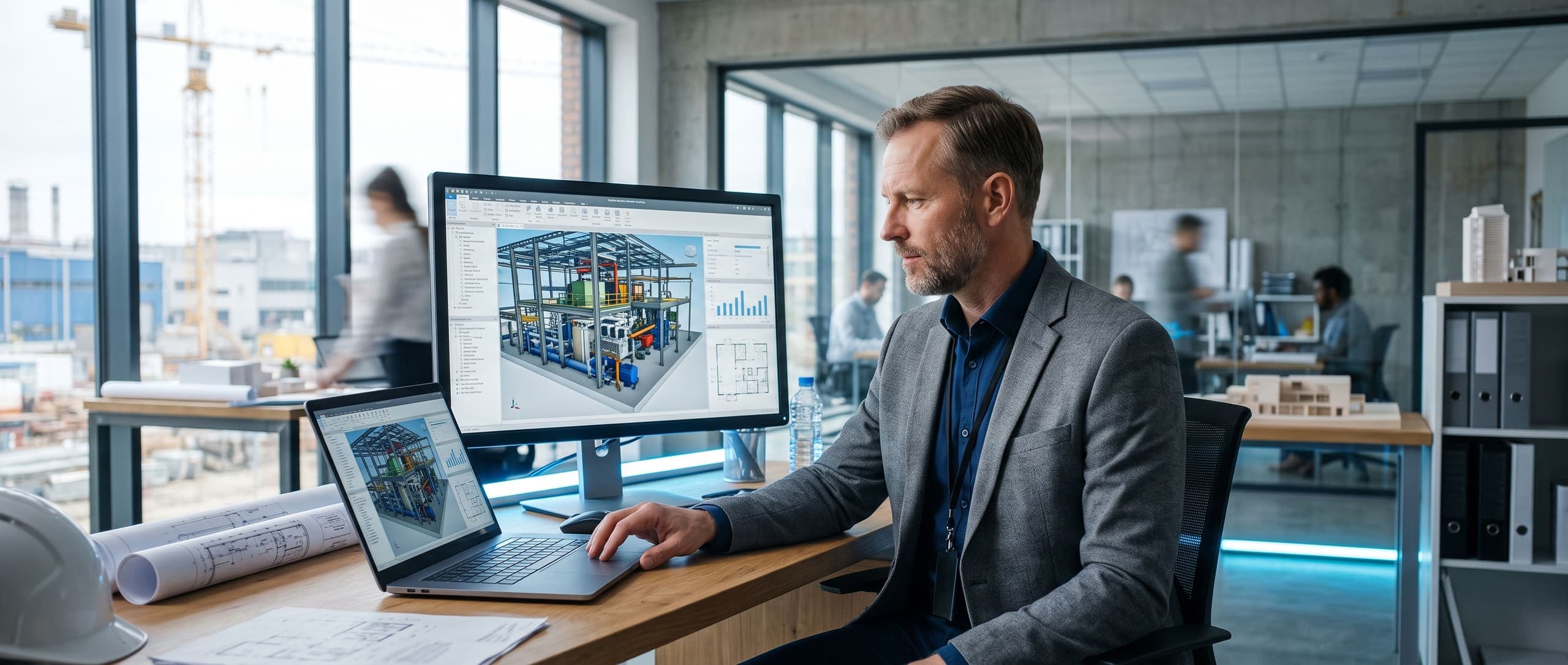 Poste de travail informatique dans un bureau d'entreprise BTP