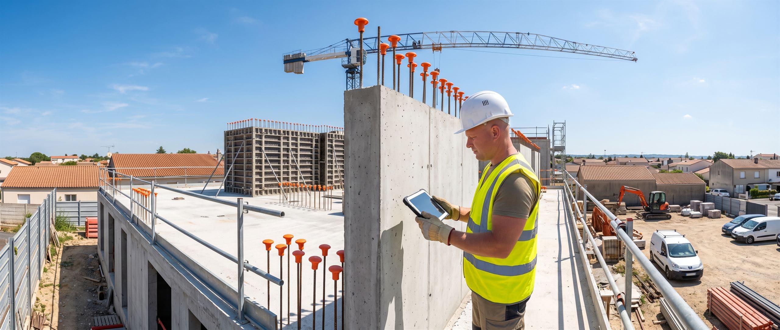 Conducteur de travaux examinant un voile béton fraîchement décoffré sur un chantier de logements, garde-corps de rive sur tous les bords de dalle et aciers en attente coiffés de champignons de protection