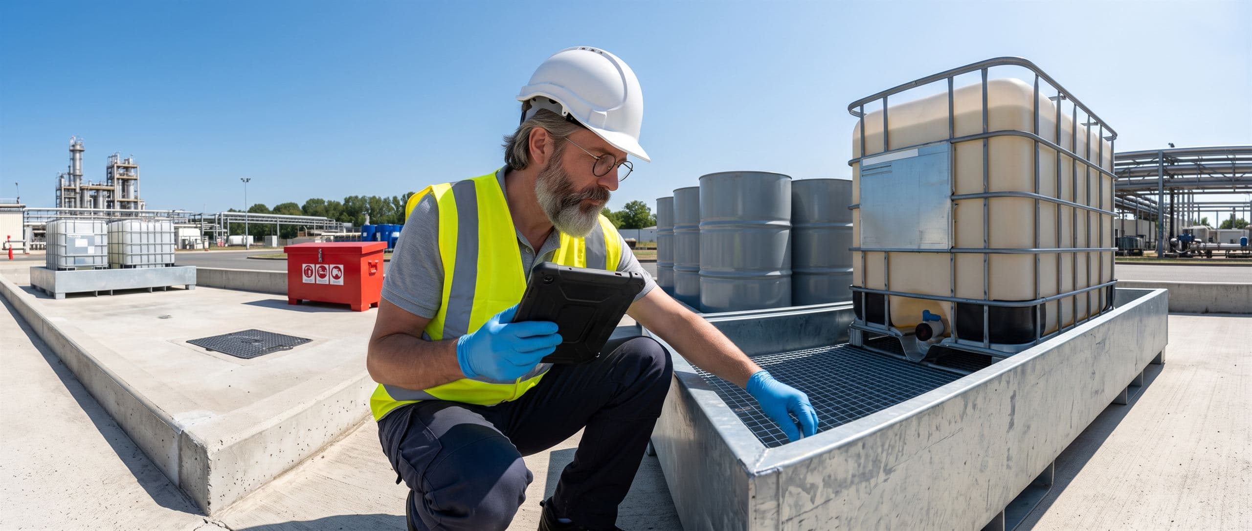 Responsable environnement inspectant une aire de stockage de produits liquides : cuve IBC posée à l'intérieur de son bac de rétention, fûts sur bac à caillebotis, kit anti-pollution et aire bétonnée à bordure de confinement
