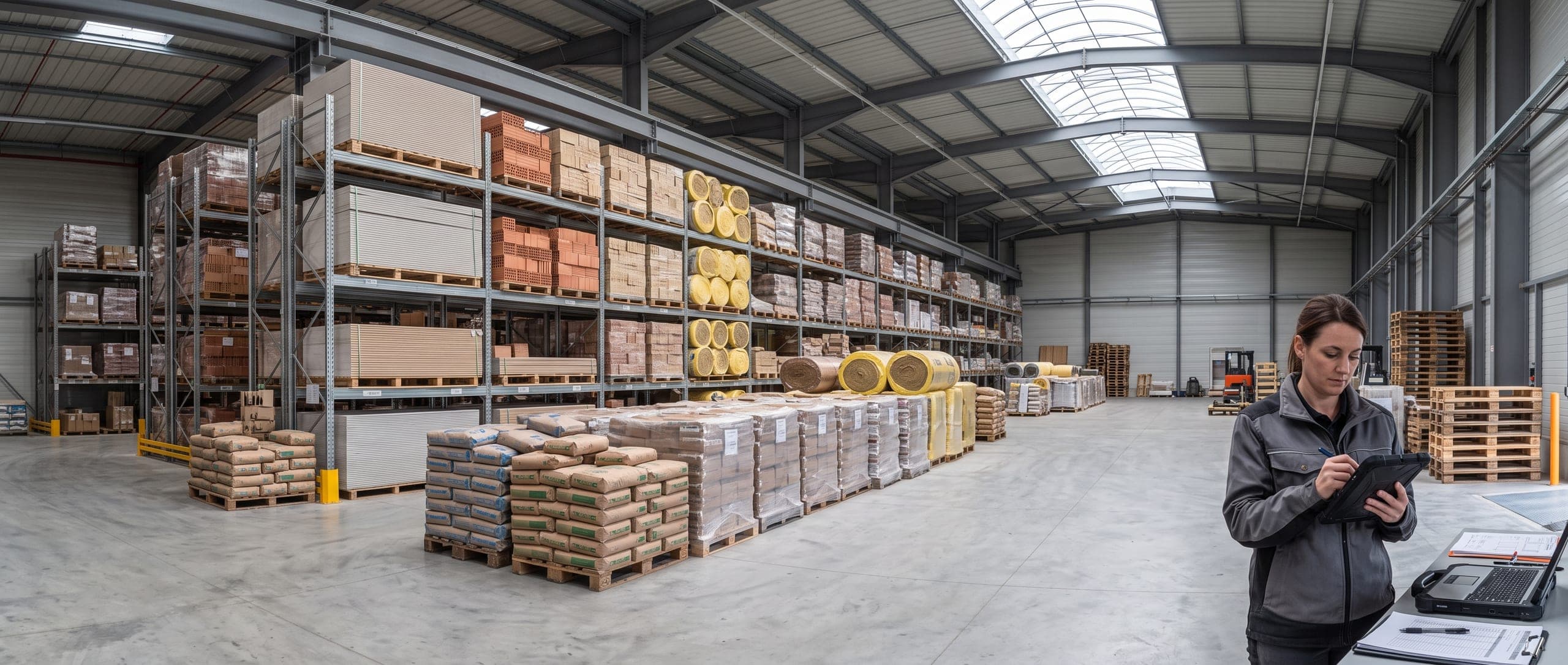Stock de matériaux de construction dans un entrepôt de négoce