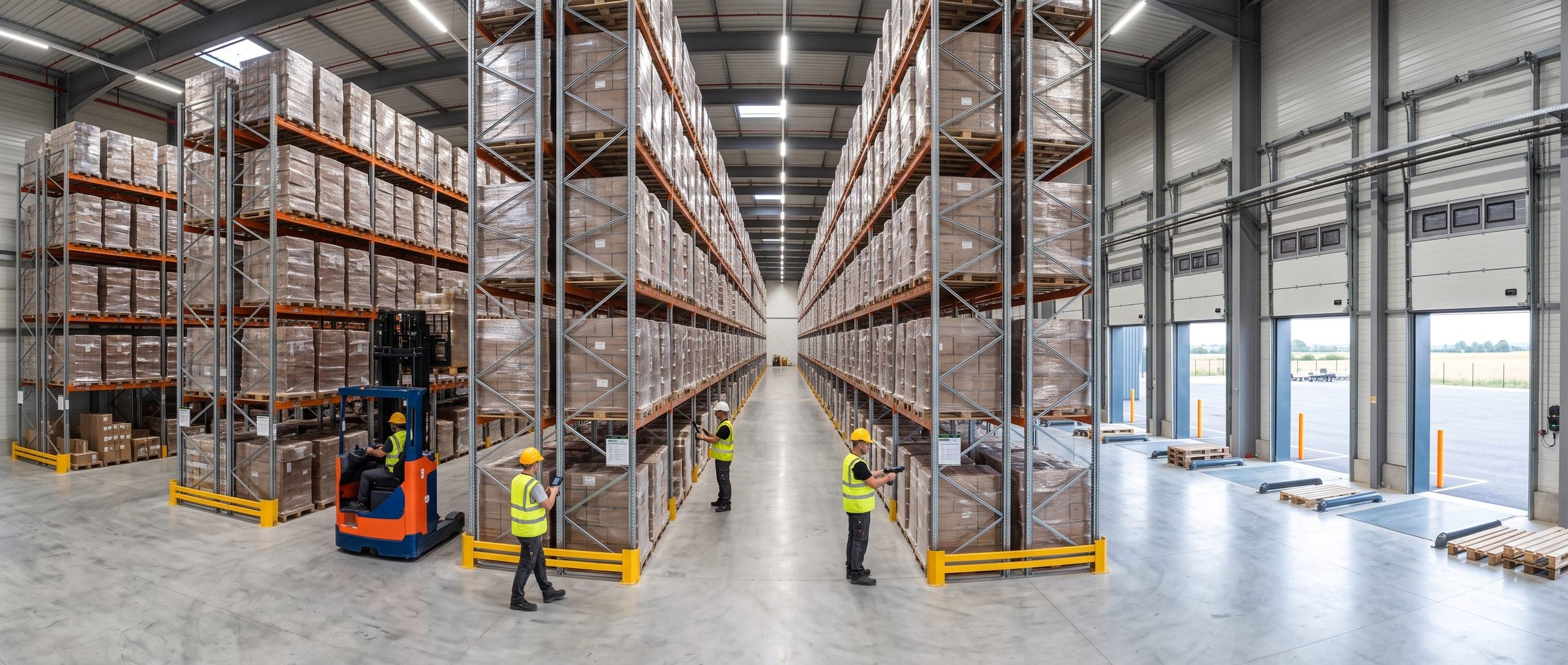 Intérieur d'un entrepôt logistique moderne avec racks de stockage