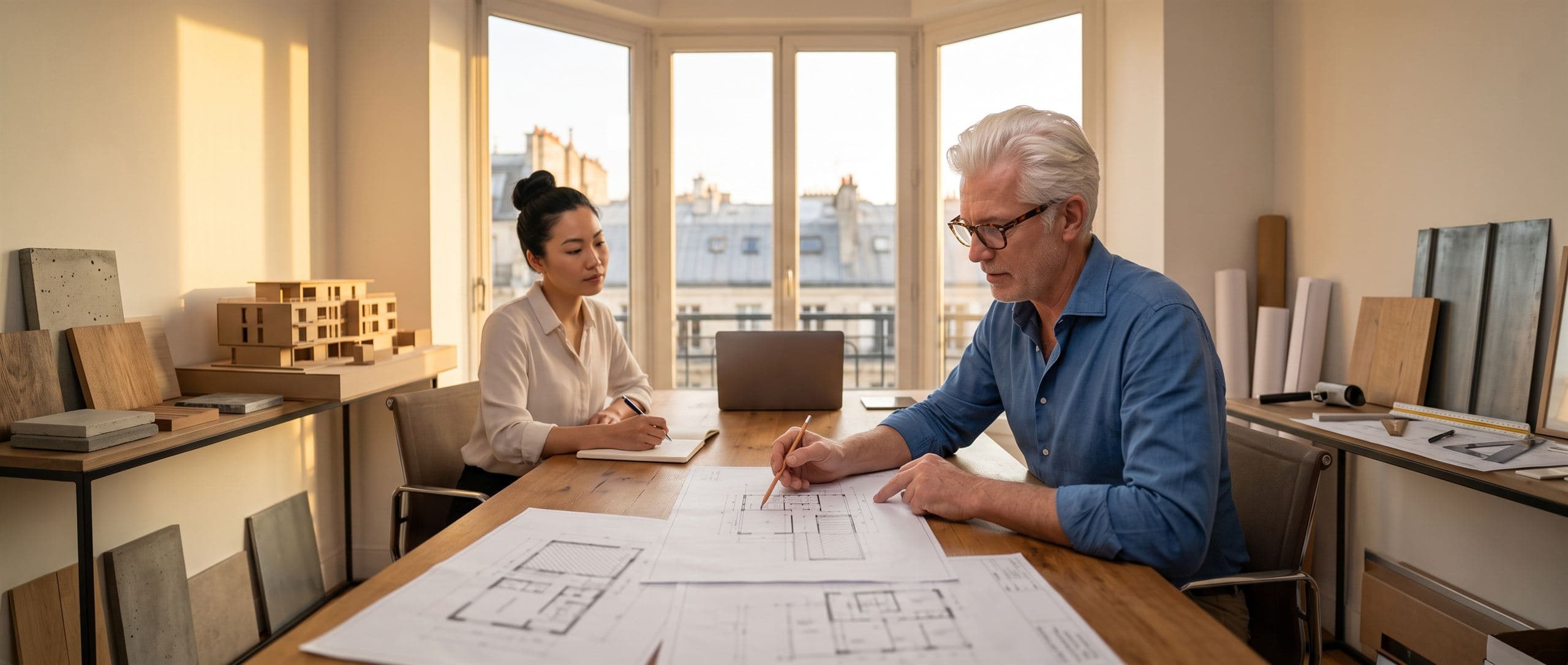 Maître d'œuvre et collaboratrice examinant des plans d'exécution dans une agence d'architecture, maquette et échantillons de matériaux, toits parisiens à la fenêtre
