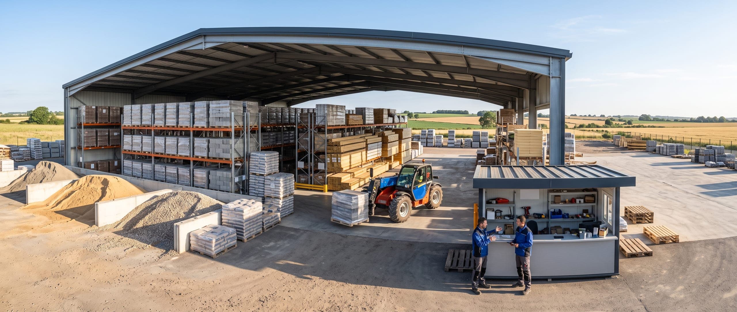 Entrepôt de négoce de matériaux de construction avec chariot élévateur