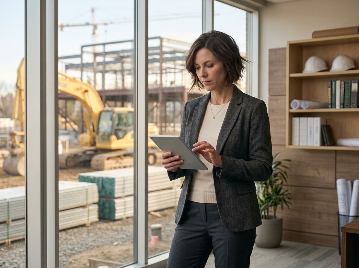 Directrice d'entreprise de construction devant son chantier avec une tablette
