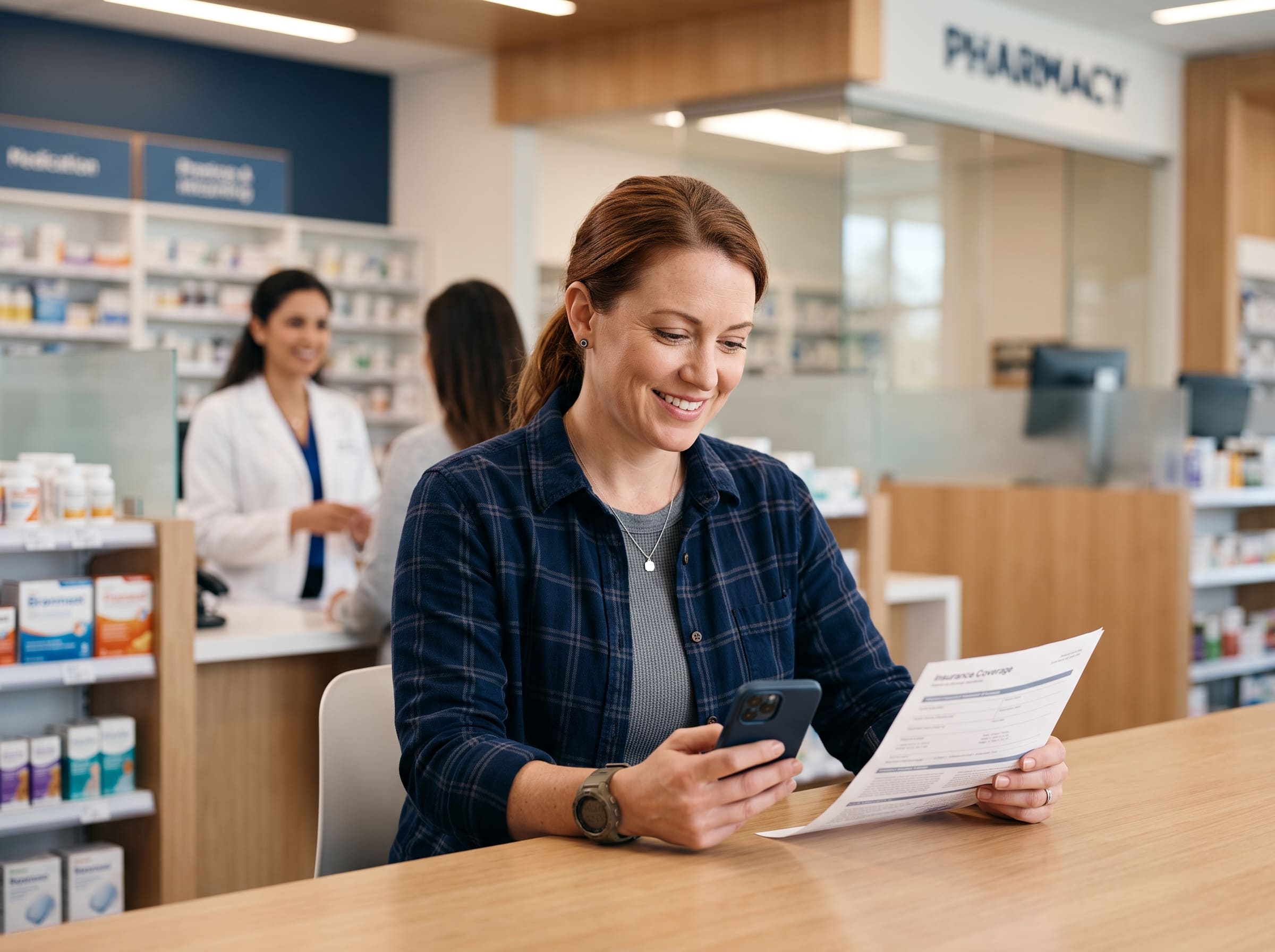 Femme indépendante consultant sa couverture santé à la pharmacie
