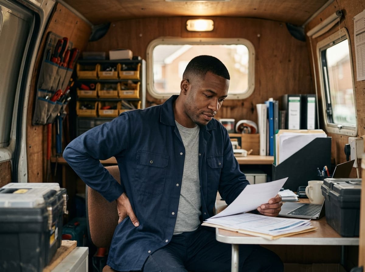 Artisan indépendant réfléchissant à sa protection de revenu dans son atelier mobile